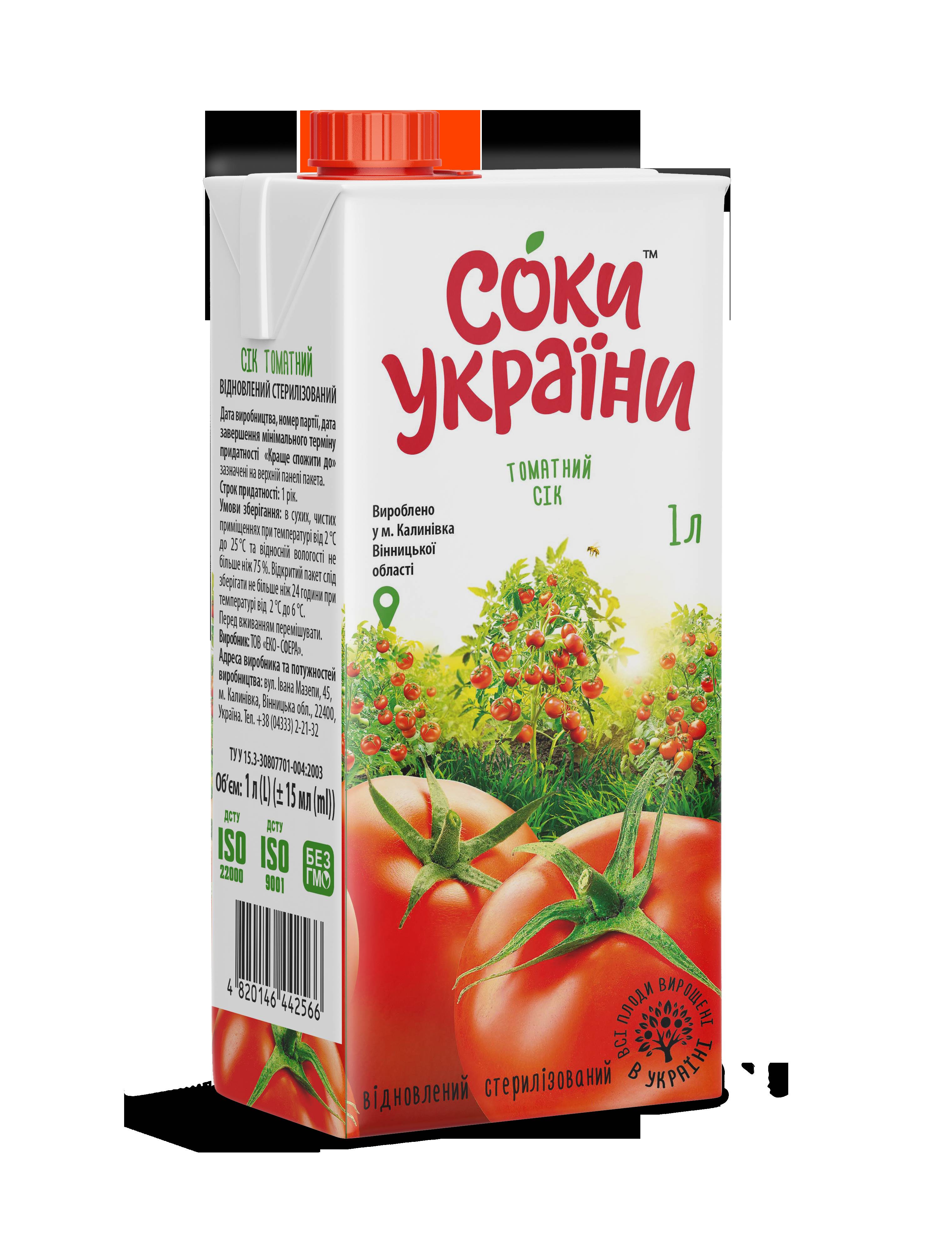 Сік томатний відновлений ТМ "Соки України" 1л